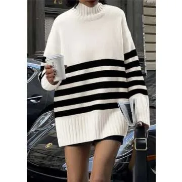 PRETTYGARDEN Women's Oversized Striped Sweaters Fall Casual Long Sleeve Turtleneck Pullover Chunky Knit Jumper Tops (Beige White,Large)