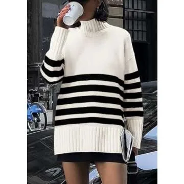 PRETTYGARDEN Women's Oversized Striped Sweaters Fall Casual Long Sleeve Turtleneck Pullover Chunky Knit Jumper Tops (Beige White,Large)
