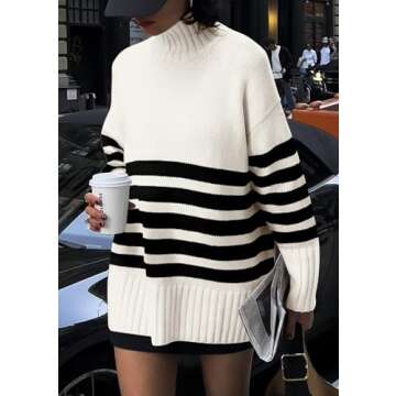 PRETTYGARDEN Women's Oversized Striped Sweaters Fall Casual Long Sleeve Turtleneck Pullover Chunky Knit Jumper Tops (Beige White,Large)
