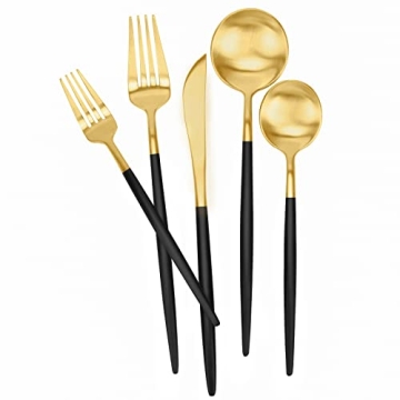 Matte Black and Gold Silverware Set 30 Pieces FAMEWARE