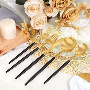 Matte Black and Gold Silverware Set 30 Pieces FAMEWARE