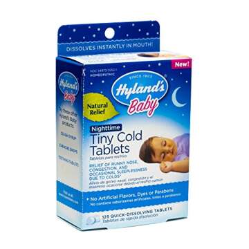 Hyland's Baby Tiny Cold Tablets, Nighttime, Infant and Baby Cold Medicine, Decongestant, Runny Nose, Cough, & Occassional Sleeplessness Relief Due to Colds, 125 Quick-Dissolving Tablets