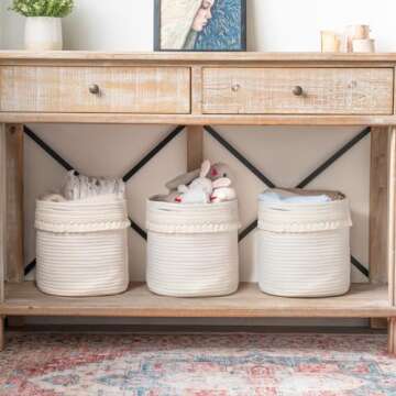 Mkono Macrame Decorative Cotton Rope Basket Boho Nursery Decor Small Cute Woven Tassel Closet Storag...