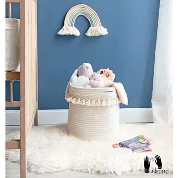 Mkono Macrame Decorative Cotton Rope Basket Boho Nursery Decor Small Cute Woven Tassel Closet Storage Bins Organizer for Baby Toys,Magazines, Potted Plants Cover,Living Room,Bedroom, 11"x11"