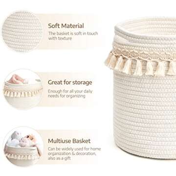 Mkono Macrame Decorative Cotton Rope Basket Boho Nursery Decor Small Cute Woven Tassel Closet Storage Bins Organizer for Baby Toys,Magazines, Potted Plants Cover,Living Room,Bedroom, 11"x11"