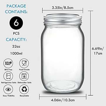 YEBODA 6 Pack Wide Mouth Mason Jars 32oz Glass Canning Jars with Airtight Lids and Bands for Preserving, Jam, Honey, Jelly, Wedding Favors, Sauces, Meal Prep, Overnight Oats, Salad, Yogurt