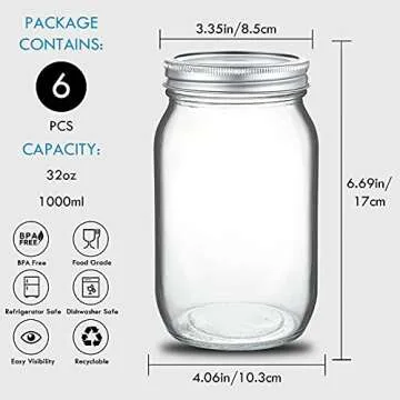 YEBODA 6 Pack Wide Mouth Mason Jars 32oz Glass Canning Jars with Airtight Lids and Bands for Preserving, Jam, Honey, Jelly, Wedding Favors, Sauces, Meal Prep, Overnight Oats, Salad, Yogurt