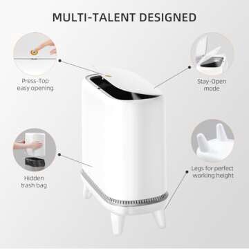 JUDRDO Bathroom Trash Can with Lid, Vacuum Adsorption Small Garbage Can 3.2 Gallon Press Top Lid Trash Bin with Legs Waterproof Waste Basket for Bathroom Bedroom Office Home