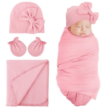 DRESHOW BQUBO Newborn Receiving Blanket Bow Hat Gloves Set Cotton Warm Baby Swaddle Blanket Wrap Bab...