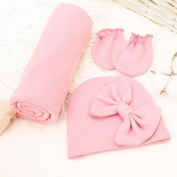 Soft DRESHOW BQUBO Newborn Receiving Blanket Bow Hat Gloves Set