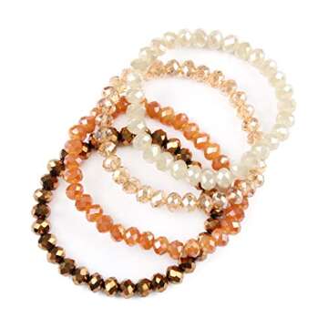RIAH FASHION Bohemian Multi-Layer Beaded Stacking Bracelet - Versatile Stretch Strand Statement Wrap Slip-on Bangle Shiny Crystal Bead (Sparkly Mix - Brown)