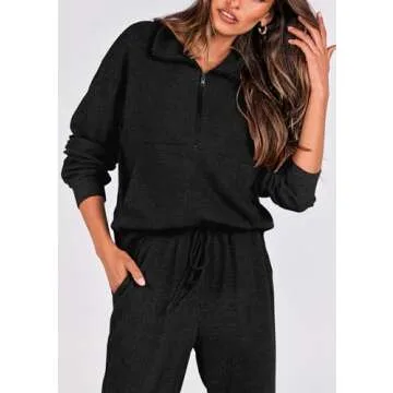PRETTYGARDEN Womens 2 Piece Sweatsuits Set Long Sleeve Half Zip Pullover Sweatshirt Joggers Sweatpants Fall Outfits Tracksuit (Black,X-Large)