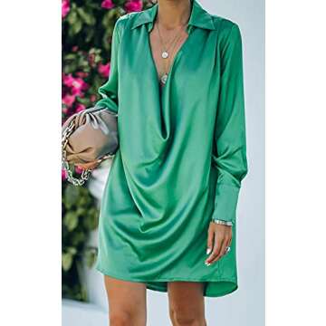Halfword Satin Shirt Dress for Women Sexy Casual Deep V Neck Long Sleeve Button Down Loose Mini T Shirt Dresses Green M