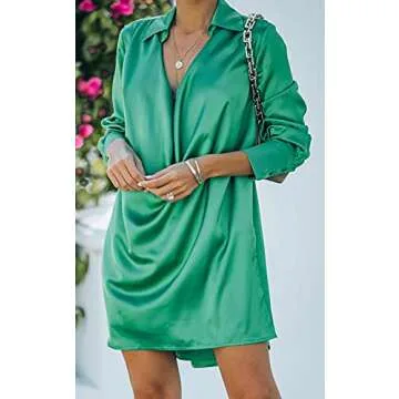 Halfword Satin Shirt Dress for Women Sexy Casual Deep V Neck Long Sleeve Button Down Loose Mini T Shirt Dresses Green M