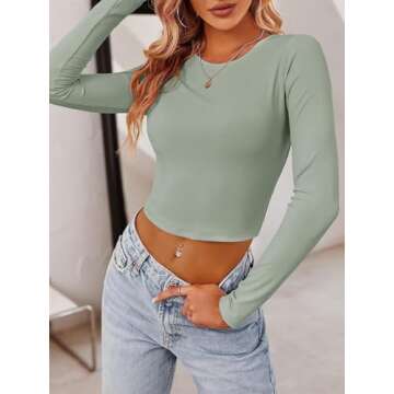 Tankaneo Women Crop Tops Long Sleeve Ribbed Slim Fit Workout Cropped Tee Y2K Short T-Shirts