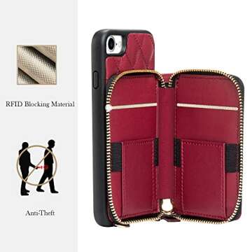 LAMEEKU Wallet Case Compatible with iPhone iPhone SE 2022 5G, iPhone 7 Crossbody Case iPhone 7 Quilted Leather Case Wallet with Card Slot Protective Case for iPhone 8/7/SE 4.7"-Burgundy