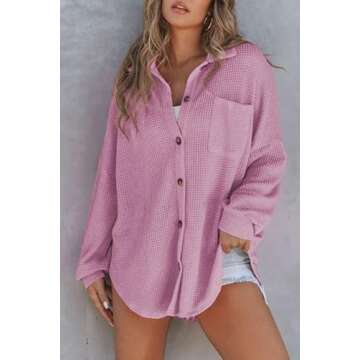 SHEWIN Womens Waffle Knit Oversized Shacket Long Sleeve Button Down Shirts Loose Fit Casual V Neck S...
