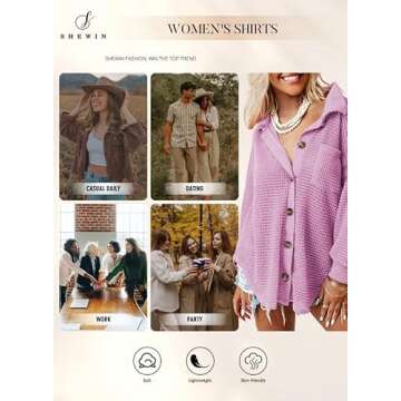 SHEWIN Womens Waffle Knit Oversized Shacket Long Sleeve Button Down Shirts Loose Fit Casual V Neck Summer Tops Womens Spring Fashion 2025, US 20-22(2XL), Purple