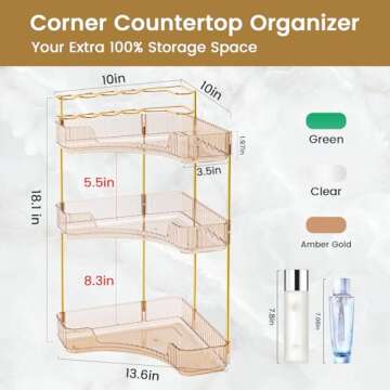 NATURE'S SOURCE Makeup Organizer for Vanity, 3-Tier Corner Bathroom Organizer Countertop with Makeup Brush Holder, Corner Counter Storage for Bathroom Dresser- Amber Gold