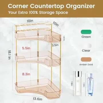 NATURE'S SOURCE Makeup Organizer for Vanity, 3-Tier Corner Bathroom Organizer Countertop with Makeup Brush Holder, Corner Counter Storage for Bathroom Dresser- Amber Gold