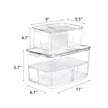 Slideep Food Storage Containers, Lettuce Keeper Stackable Fridge Produce Saver with Lids, Removable Drain Tray Drawers Refrigerator Produce Keeper for Veggie, Berry, Fruits, Vegetables -2 Pack