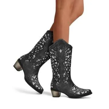 heelchic Women Glitter Inlay Rhinestones Cowgirl Boots Embroidered Short Western Boots