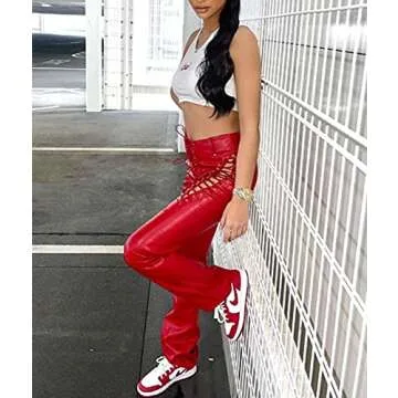 xxxiticat Women's Lace Up PU Leather Pants Chic High Waist Hollow Out Drawstring Bandage Cut Out Faux Leather Trousers(RE,M) Red