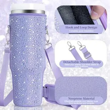 Keepamor Bling Water Bottle Carrier Bag for Stanley Quencher H2.0 & Adventure 40 oz Tumbler with Handle, Neoprene Water Bottle Holder with Adjustable Strap for Stanley Cup Accessories