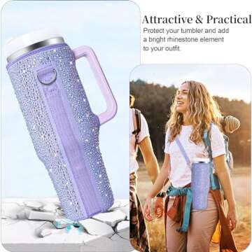 Keepamor Bling Water Bottle Carrier Bag for Stanley Quencher H2.0 & Adventure 40 oz Tumbler with Handle, Neoprene Water Bottle Holder with Adjustable Strap for Stanley Cup Accessories