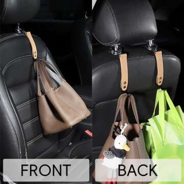 compuda 2 Pack Car Hook Holder Leather Headrest Hooks for Purses and Bags,SUS304 Car Hooks(Light Bro...