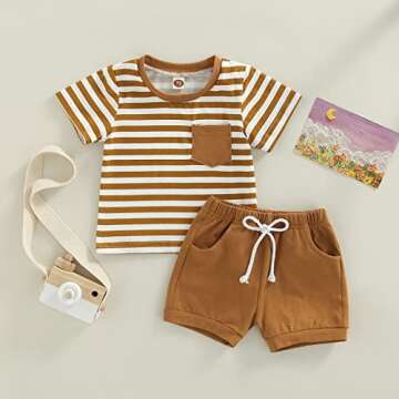 Toddler Baby Boy Summer Outfits Shorts Solid Short Sleeve T-Shirt Tops Casual Clothes Set (Brown-Poc...