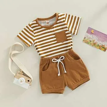 Toddler Baby Boy Summer Outfits Shorts Solid Short Sleeve T-Shirt Tops Casual Clothes Set (Brown-Pocket, 18-24 Months)