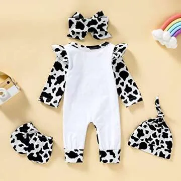 Newborn Baby Girl Romper Infant Letter Print Bodysuit Cow Jumpsuit+Hat+Headband+Gloves Coming Home Clothes Outfit 3-6 Months(Cow Black,Newborn)