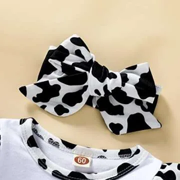 Newborn Baby Girl Romper Infant Letter Print Bodysuit Cow Jumpsuit+Hat+Headband+Gloves Coming Home Clothes Outfit 3-6 Months(Cow Black,Newborn)
