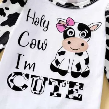 Newborn Baby Girl Romper Infant Letter Print Bodysuit Cow Jumpsuit+Hat+Headband+Gloves Coming Home Clothes Outfit 3-6 Months(Cow Black,Newborn)