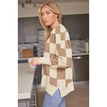 LILLUSORY Women's Oversized Batwing Sweaters 2024 Fall Outfits Crewneck Ribbed Knit Side Slit Trendy Pullover Tops CheckeredApricot S