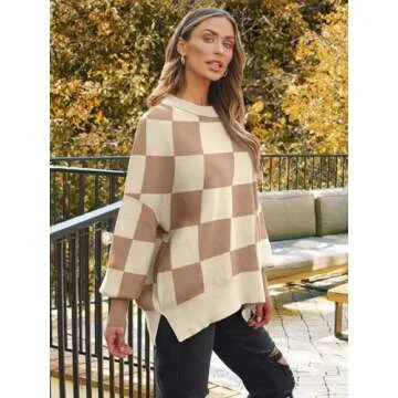 LILLUSORY Women's Oversized Batwing Sweaters 2024 Fall Outfits Crewneck Ribbed Knit Side Slit Trendy Pullover Tops CheckeredApricot S