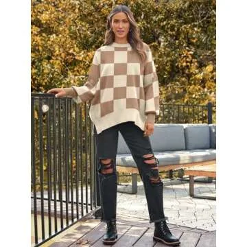 LILLUSORY Women's Oversized Batwing Sweaters 2024 Fall Outfits Crewneck Ribbed Knit Side Slit Trendy Pullover Tops CheckeredApricot S