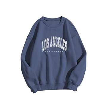 Meladyan Women's Oversized Los Angeles California Letter Print Graphic Pullover Tops Crewneck Long Sleeve Fleece Sweatshirt 2- Blue