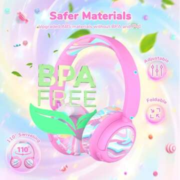 iClever BTH22 Kids Bluetooth Headphones, 60H Play Time, 74/85 dBA Safe Volume, Bluetooth 5.4, USB C, Over Ear Kids Headphones Wireless with Mic AUX Cord for iPad/Tablet/Travel/School, Pink-Stripe