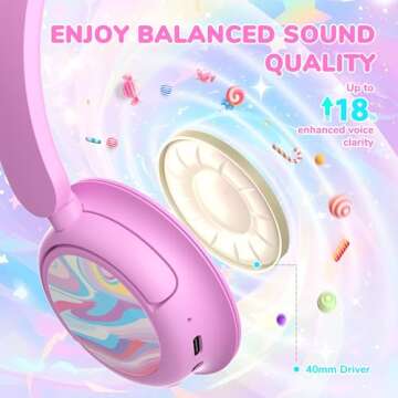 iClever BTH22 Kids Bluetooth Headphones, 60H Play Time, 74/85 dBA Safe Volume, Bluetooth 5.4, USB C, Over Ear Kids Headphones Wireless with Mic AUX Cord for iPad/Tablet/Travel/School, Pink-Stripe