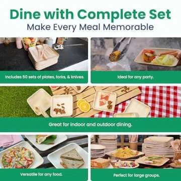 50 Palm Leaf Disposable Plates (8 Inch) + 100 Compostable Cutlery (50 Forks, 50 Knives) | Heavy Duty Party & Catering Plates | Biodegradable, Eco-Friendly, Alternative to Bamboo, Wood, Paper, Plastic