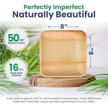 50 Palm Leaf Disposable Plates (8 Inch) + 100 Compostable Cutlery (50 Forks, 50 Knives) | Heavy Duty Party & Catering Plates | Biodegradable, Eco-Friendly, Alternative to Bamboo, Wood, Paper, Plastic