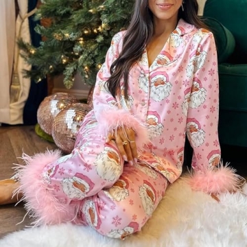 Luxurious Women Feather Trim Silk Satin Pajama Set