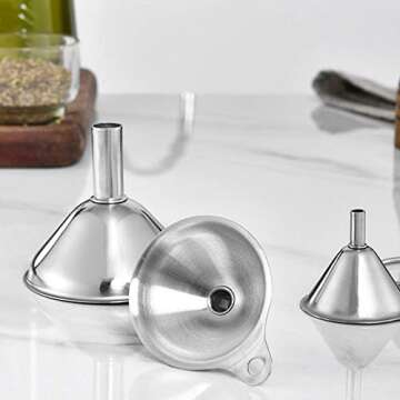 Stainless Steel Funnels, Set of 3 Small Kitchen Funnels with Long Handle Funnels for Filling Bottles Liquid Dry Ingredients Powder, Durable and Dishwasher Safe
