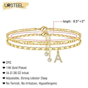 Ursteel Ankle Bracelets for Women, A Initial Anklet 14K Gold Plated Dainty Adjustable Layered Chain ...