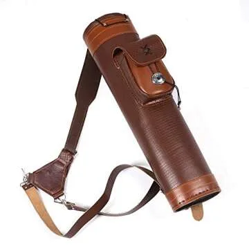 TOPARCHERY Traditional Shoulder Back Quiver Bow Leather Arrow Holder with Large Pouch Handmade Straps Belt Bag Brown