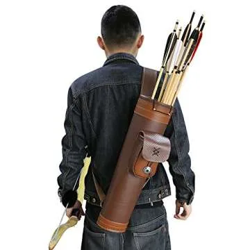 TOPARCHERY Traditional Shoulder Back Quiver Bow Leather Arrow Holder with Large Pouch Handmade Straps Belt Bag Brown