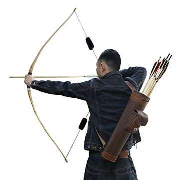 TOPARCHERY Traditional Shoulder Back Quiver Bow Leather Arrow Holder with Large Pouch Handmade Straps Belt Bag Brown