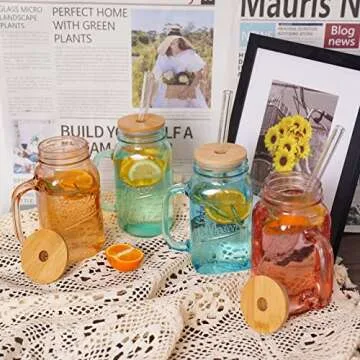 ANOTION Mason Jar with Handle - Colorful Drinking Glasses Colored Glass Cups with Lids and Straws Colored Glasses Drinking Set of 4 Mason Jars Iced Coffee Cups Tumblers Smoothie Water Bottles